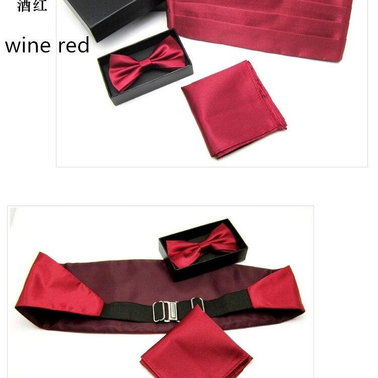 Men's Accessories - Ties Mens Wedding Tuxedo Bow Tie Set Cummerbund Hanky Pocket Towel Black Red White Silver Solid Bowtie Cravat