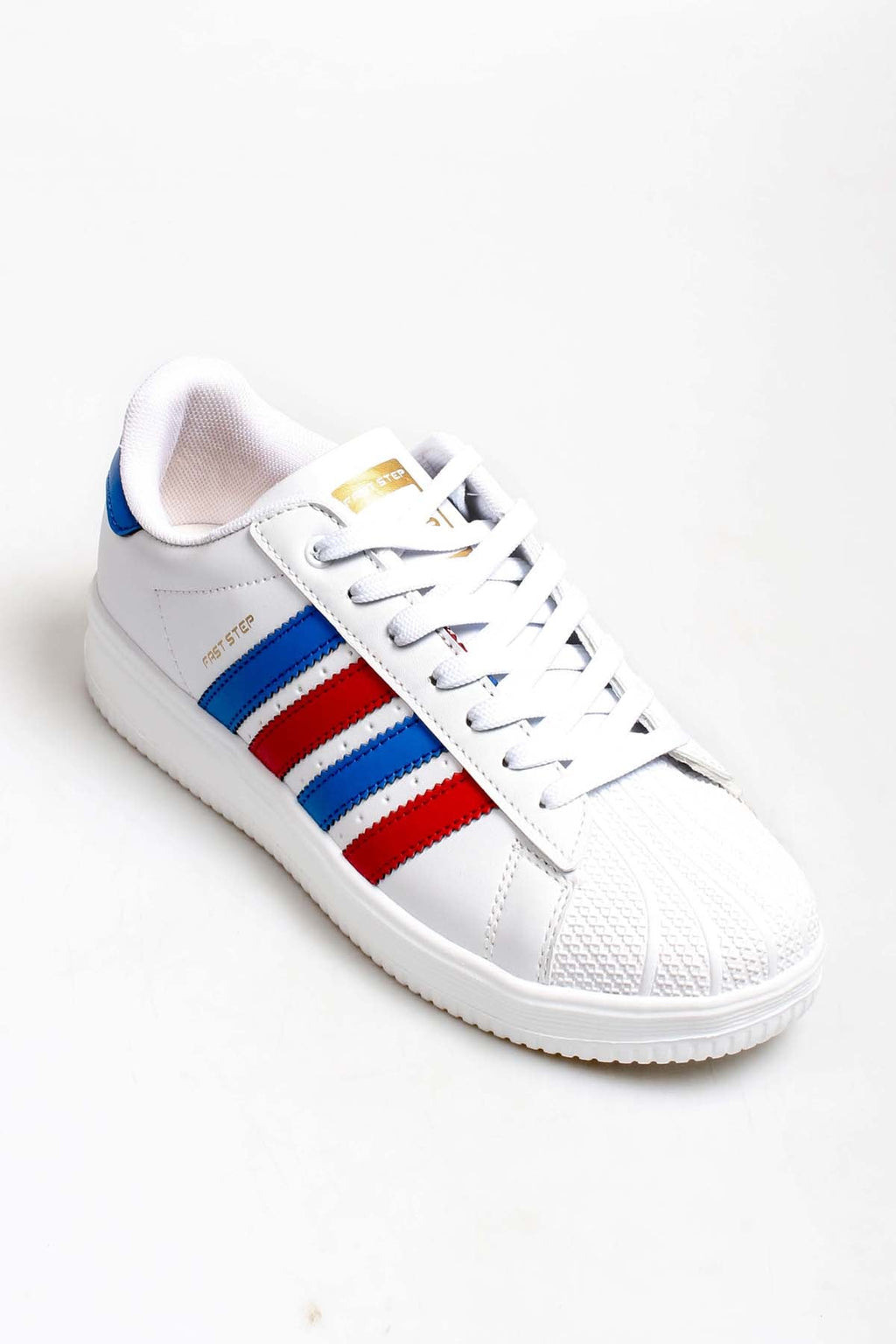 Men's White Leather Sneakers with Patriotic Stripe Details – side view