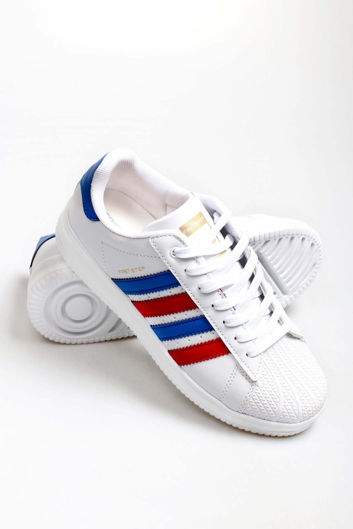 Men's White Leather Sneakers with Patriotic Stripe Details – styled view