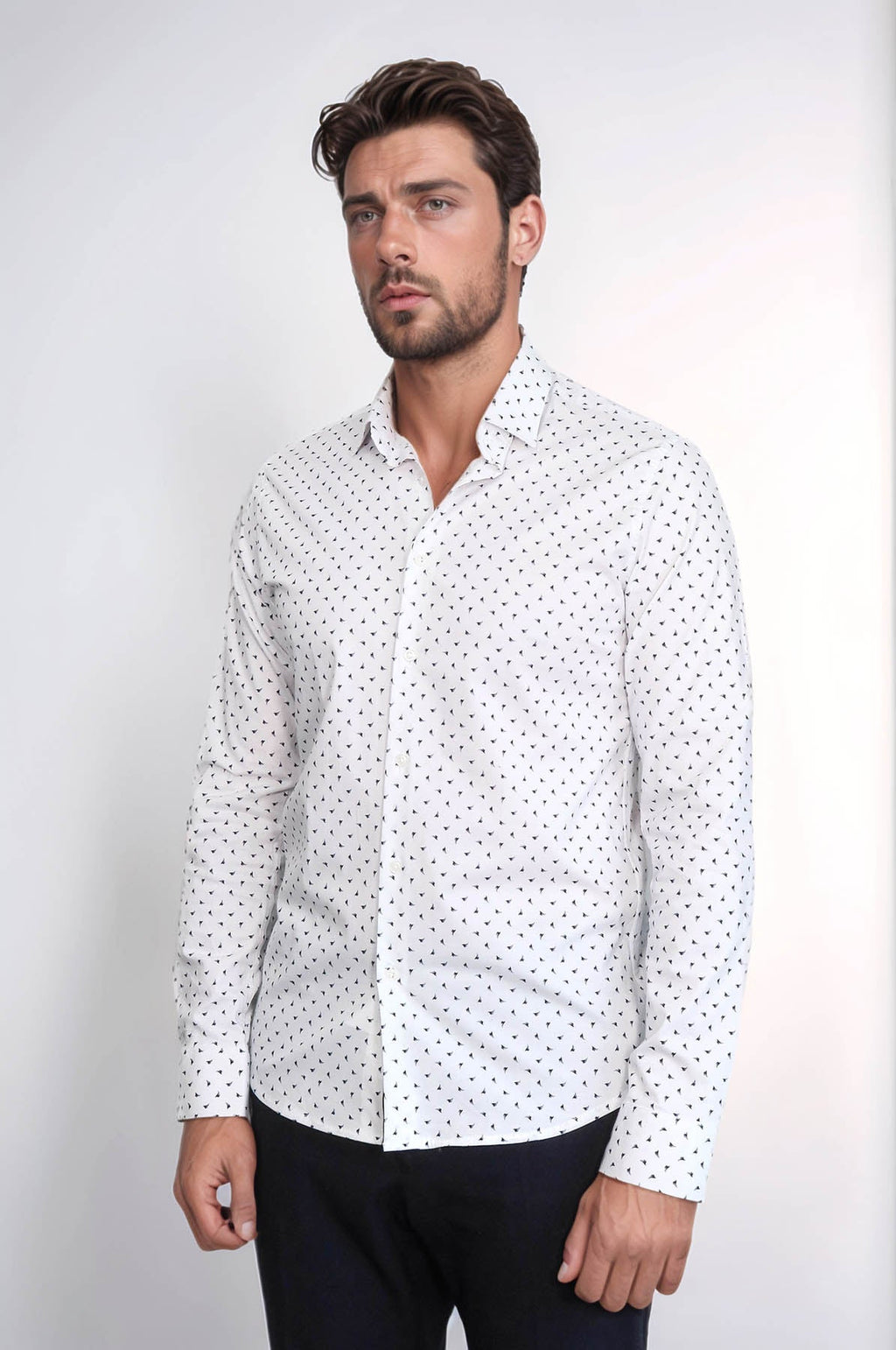 Men’s White Shirt with Minimal Black Pattern – styled view