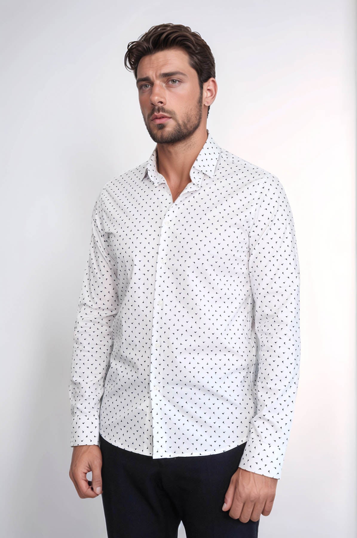Men’s White Shirt with Minimal Black Pattern – styled view