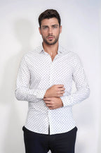 Men’s White Shirt with Minimal Black Pattern – close up view
