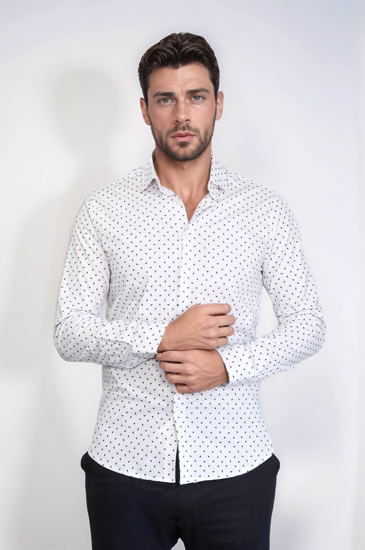 Men’s White Shirt with Minimal Black Pattern – close up view