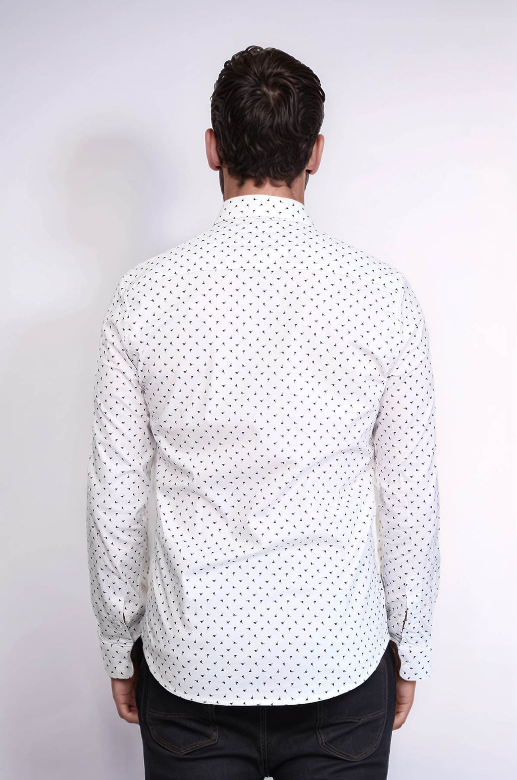 Men’s White Shirt with Minimal Black Pattern – fabric detail view