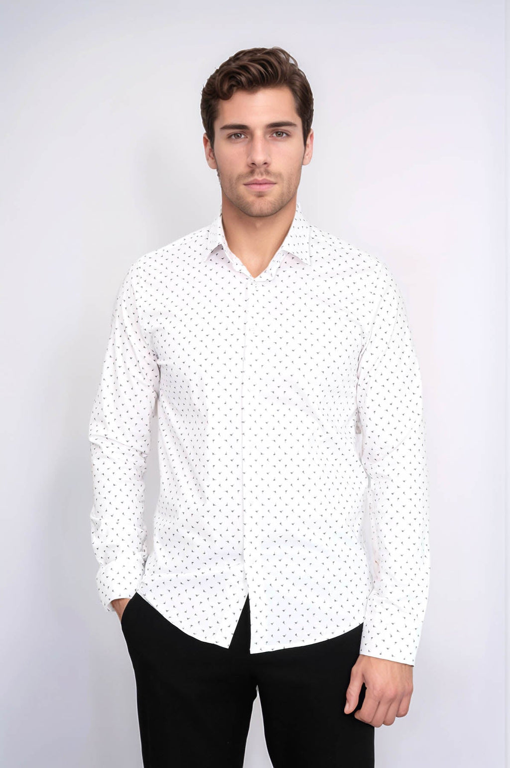 Men’s White Shirt with Minimal Grey Pattern – front view