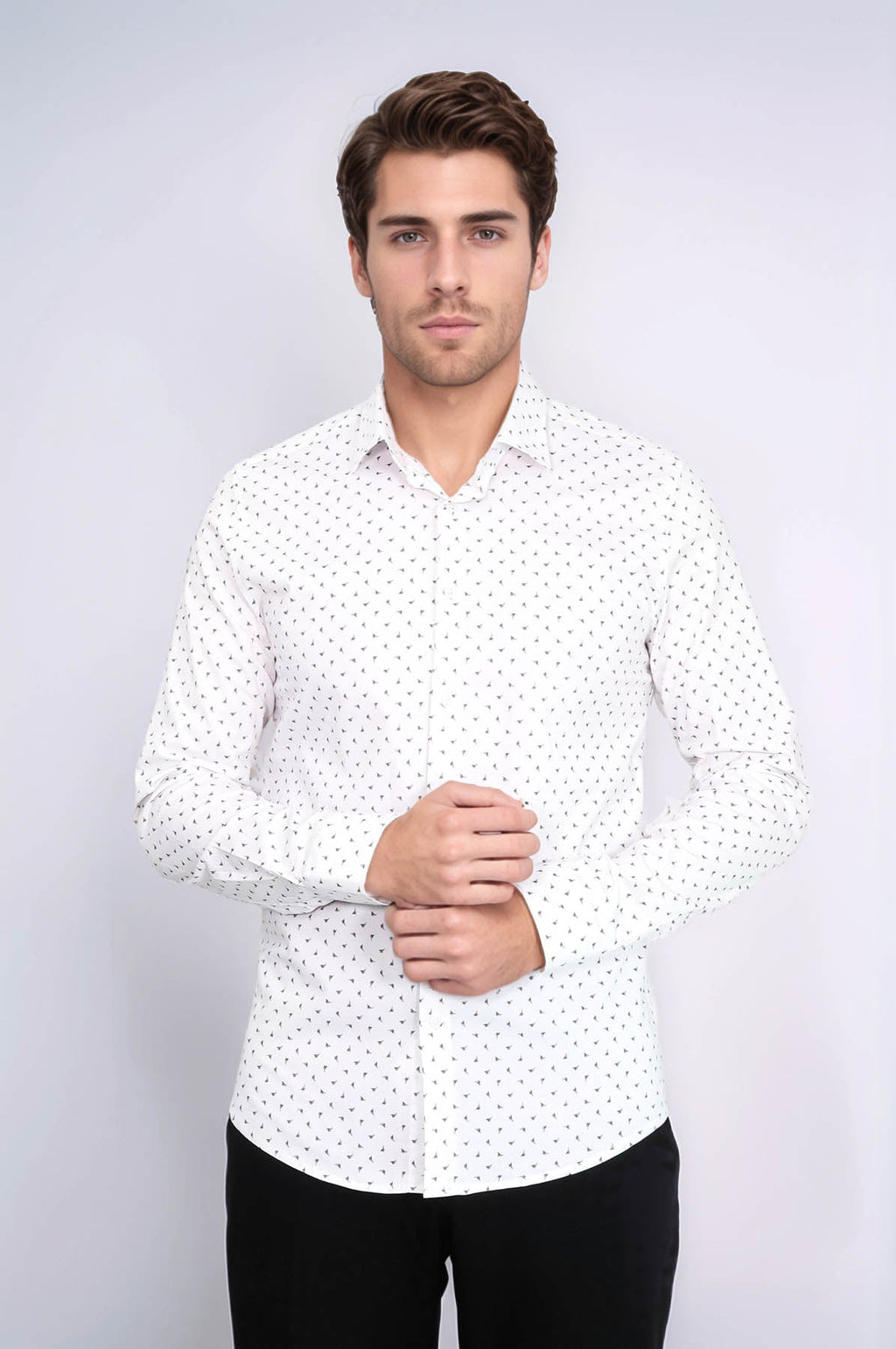 Men’s White Shirt with Minimal Grey Pattern – side view