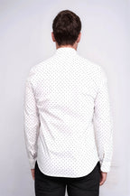Men’s White Shirt with Minimal Grey Pattern – close up view