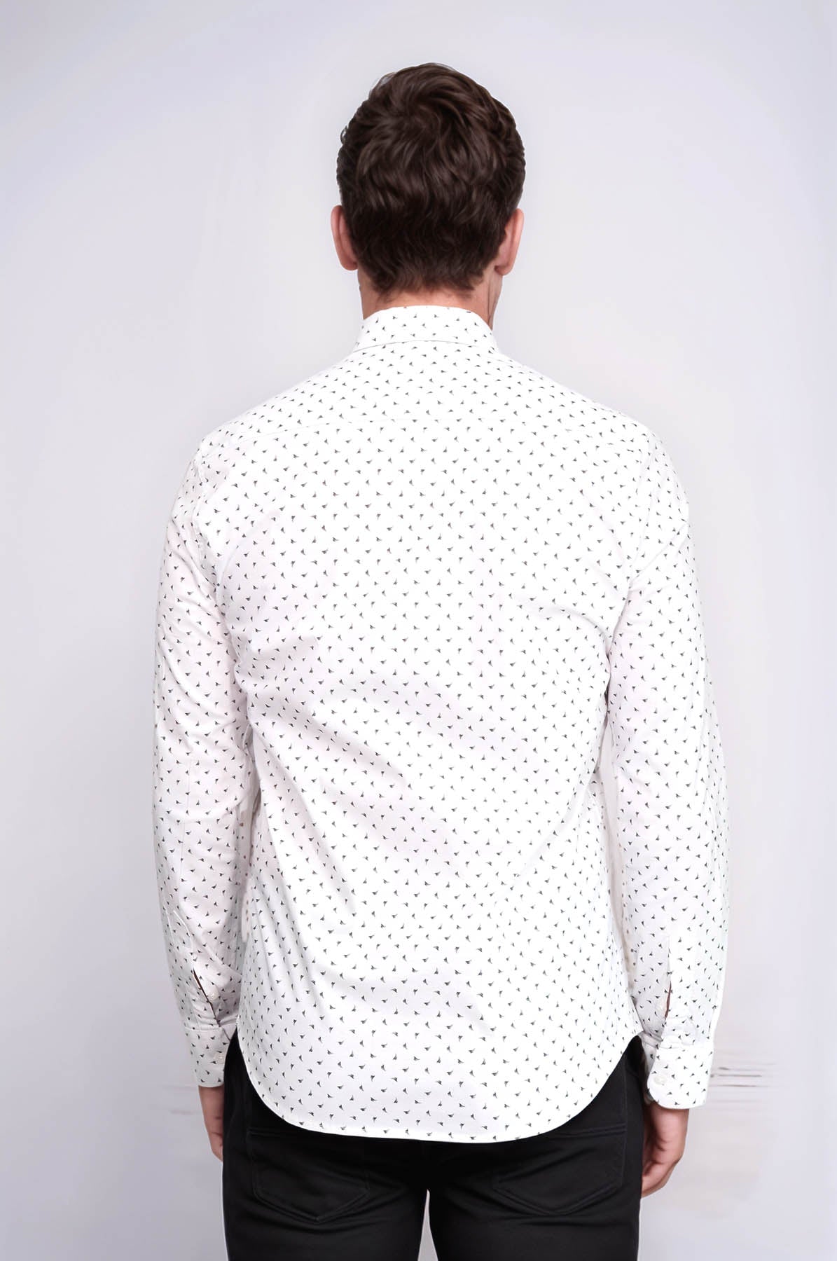 Men’s White Shirt with Minimal Grey Pattern – close up view