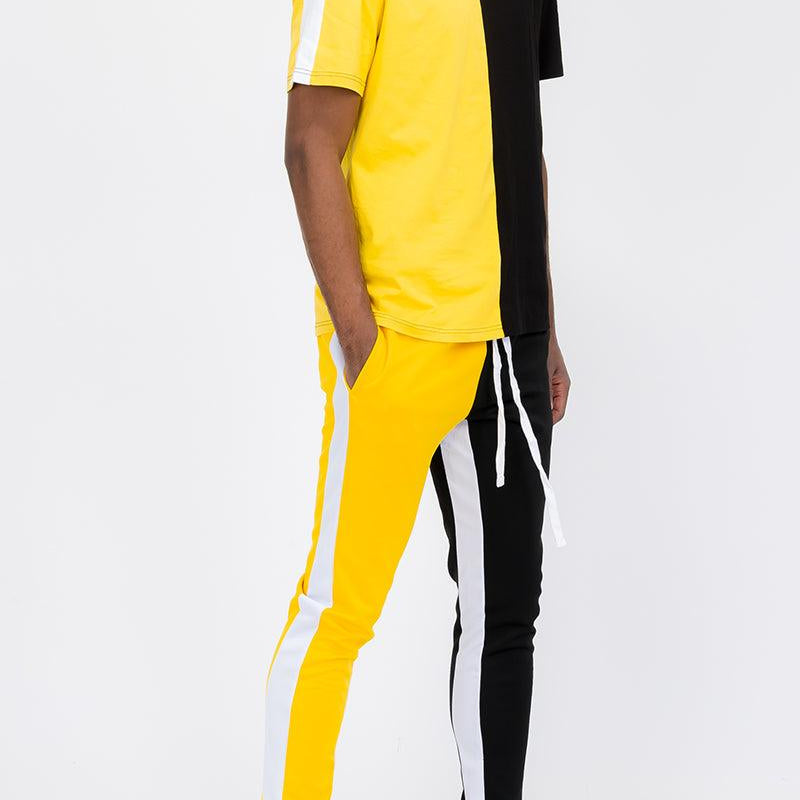 Men's Activewear Mens Yellow Black Two Way Split Tshirt Pants Set