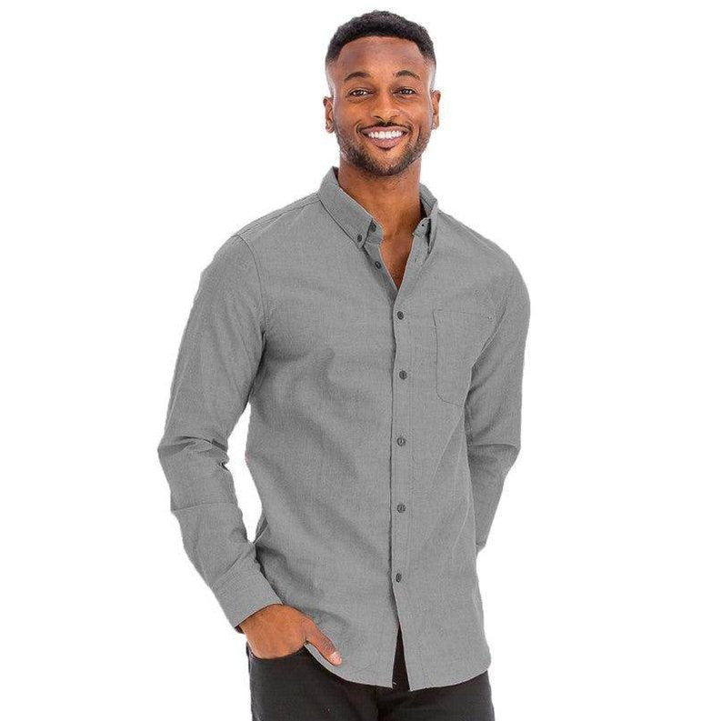 Stylish gray long sleeve menswear fashion shirt with button-up design for casual wear