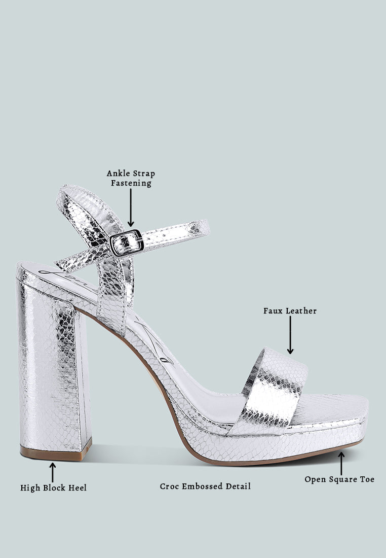 London Rag International merengue textured block heel sandals in silver with ankle strap and croc embossed detail
