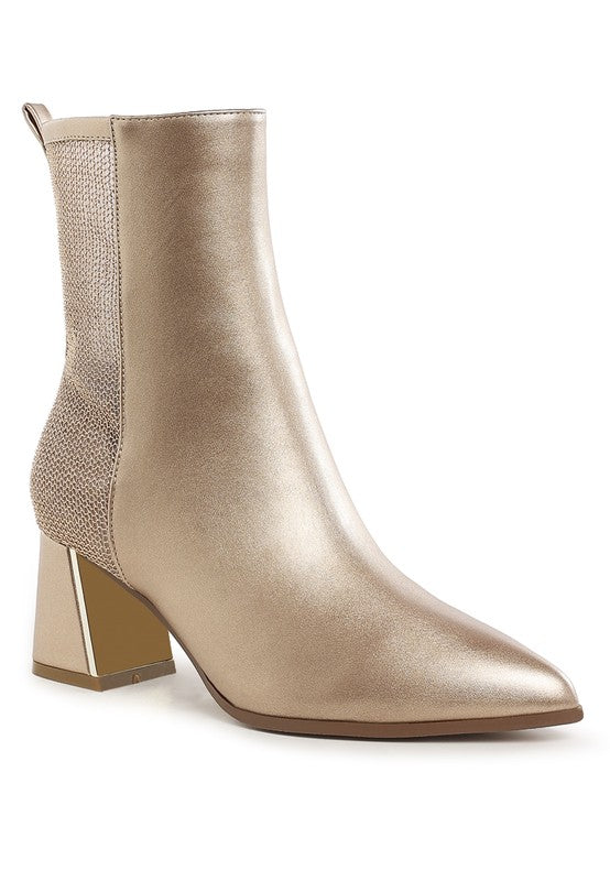Rag Company stylish gold mesh detail ankle boots for women with a pointed toe and block heel design
