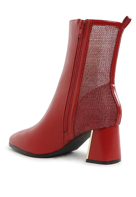Red mesh detail ankle boots for women with stylish zip closure and block heel design