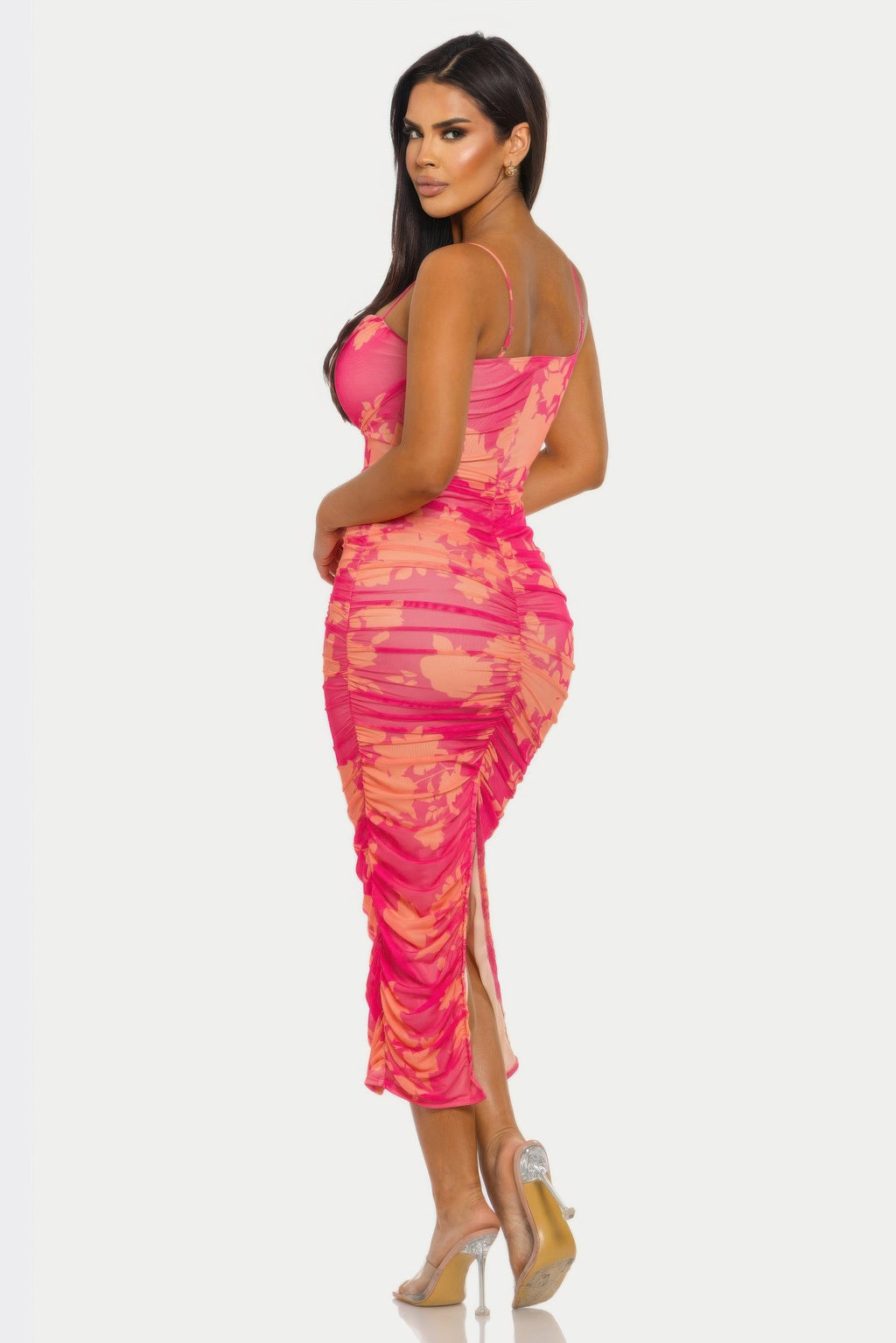 Women's pink bodycon dress with mesh on dress, perfect for summer events