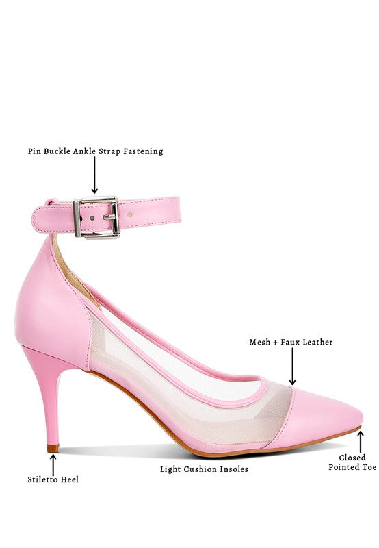 Pink mesh pump sandals for women with stiletto heels and buckle strap