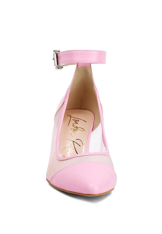 Pink mesh pump sandals for women with ankle strap for stylish looks