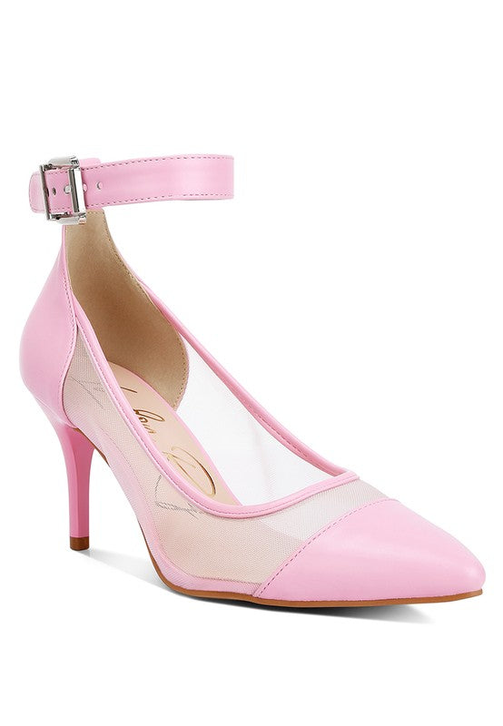 Pink mesh pump sandals for women with ankle strap design