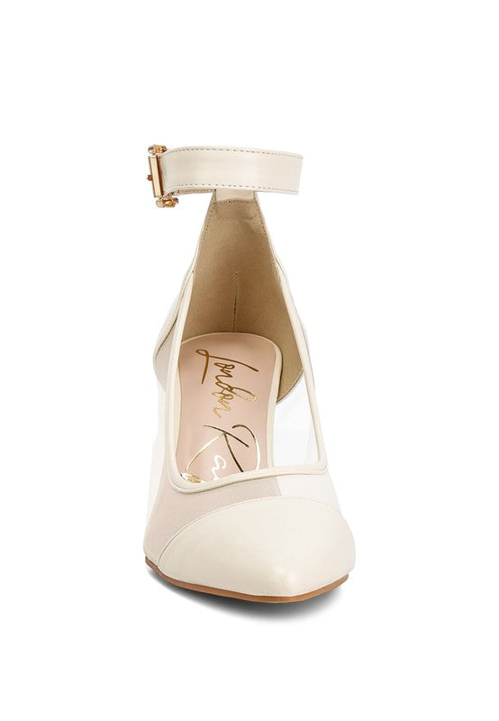 Women's beige mesh pump sandals for women with ankle strap