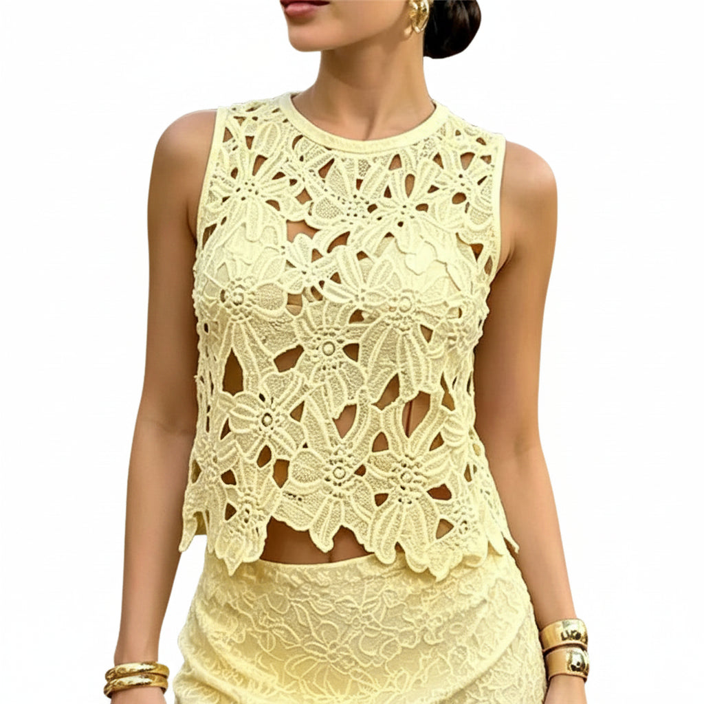Women's mesh sheer top in lemon yellow, perfect for summer outings
