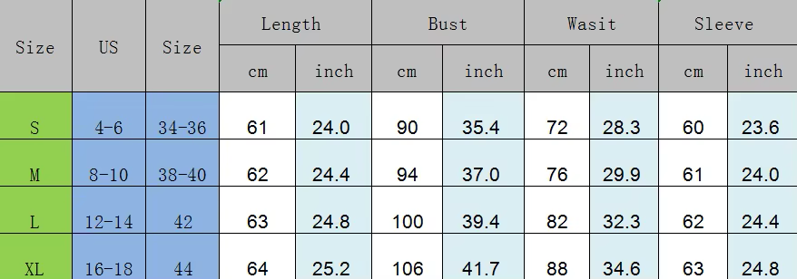 A size chart table for apparel showing measurements for sizes S through XL, with columns for Size, US, Size, Length in cm and inch, Bust in cm and inch, Waist in cm and inch, and Sleeve in cm and inch.