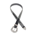 Black leather metal studded fashion belt with silver buckle and stud detailing for trendy outfits