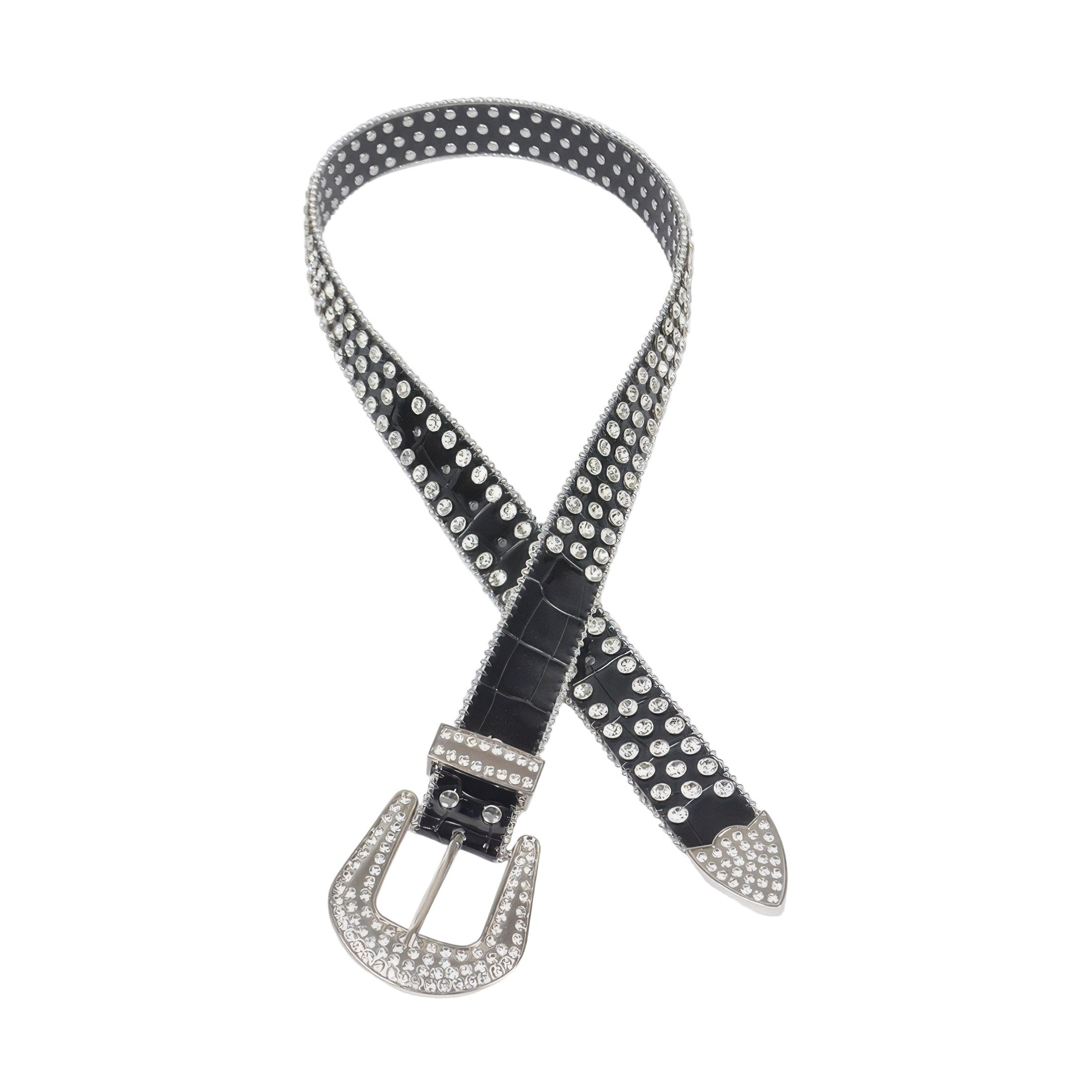 Black leather metal studded fashion belt with silver buckle and stud detailing for trendy outfits
