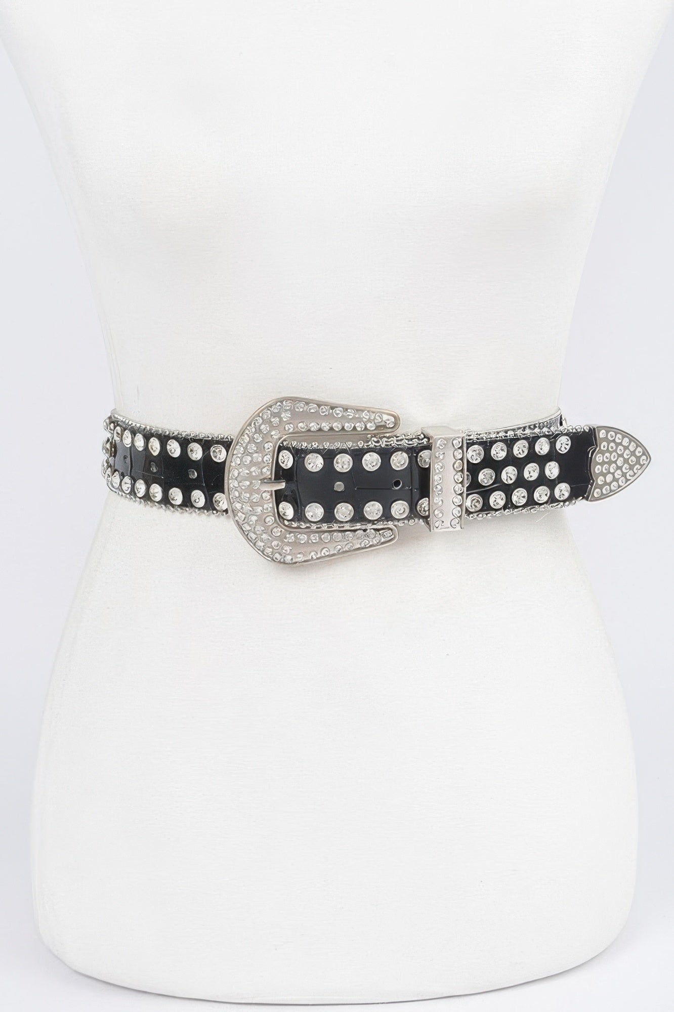 Metal studded fashion belt by VacationGrabs in black with a decorative silver buckle