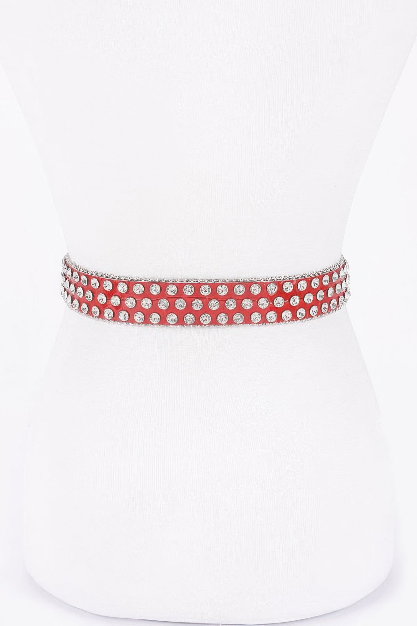 Red metal studded fashion belt from VacationGrabs with eye-catching silver studs for trendy outfits