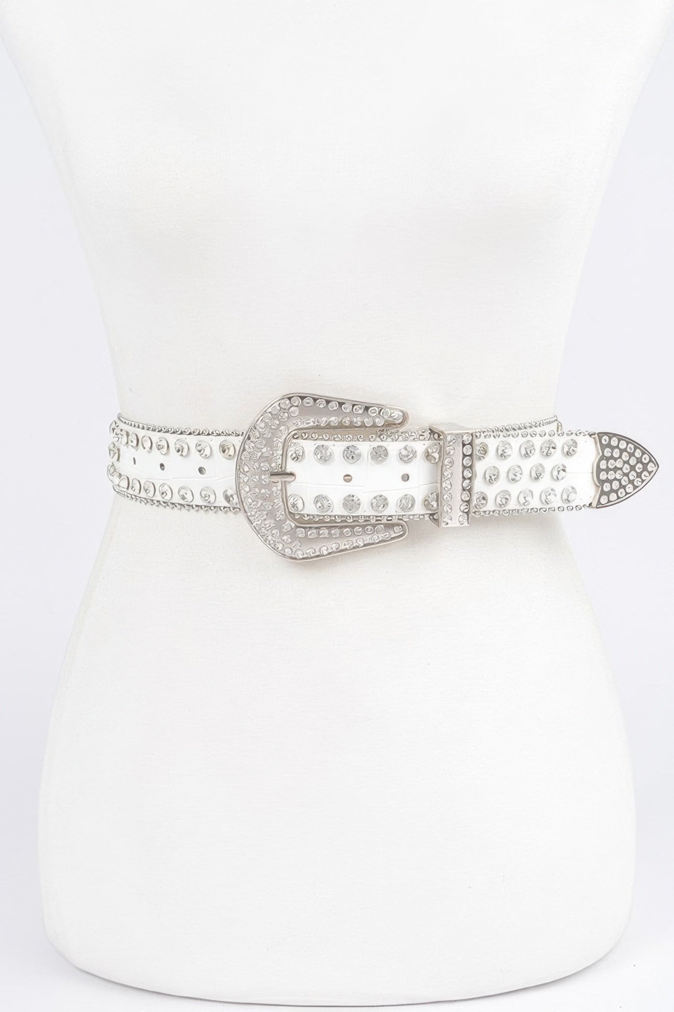 Metal studded fashion belt by VacationGrabs in white with a decorative silver buckle