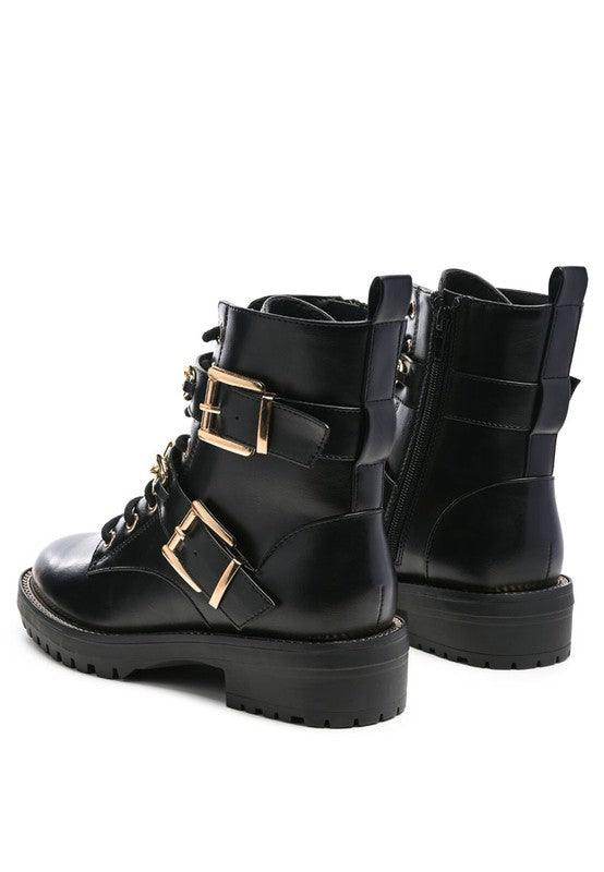 Rag Company metallic accent motorcycle boots in black leather with stylish buckles and rugged soles