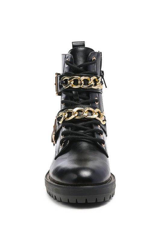 Rag Company metallic accent motorcycle boots with stylish chains and durable sole for a bold look