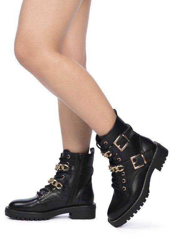 Rag Company metallic accent motorcycle boots with stylish buckles and distinctive lace-up design