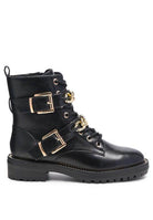 Rag Company metallic accent motorcycle boots with stylish buckles and lace-up design for women's footwear