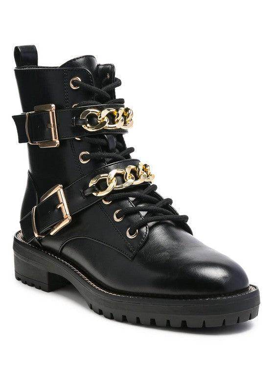Rag Company metallic accent motorcycle boots with gold chain details and sturdy black sole