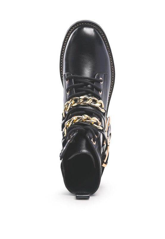 Rag Company women's metallic accent motorcycle boots with gold chain detail for stylish durability