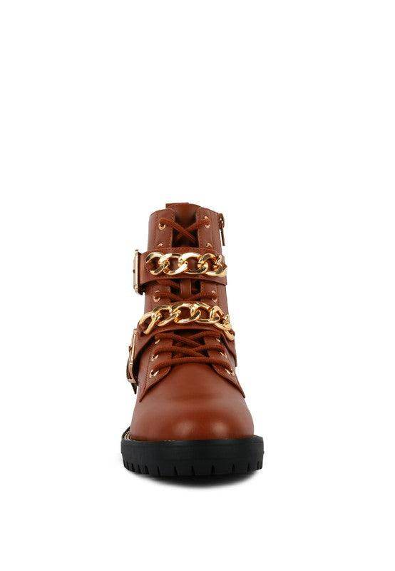 Rag Company metallic accent motorcycle boots in brown with decorative chain detail