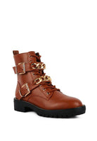 Rag Company metallic accent motorcycle boots in brown with gold chain details and sturdy outsole