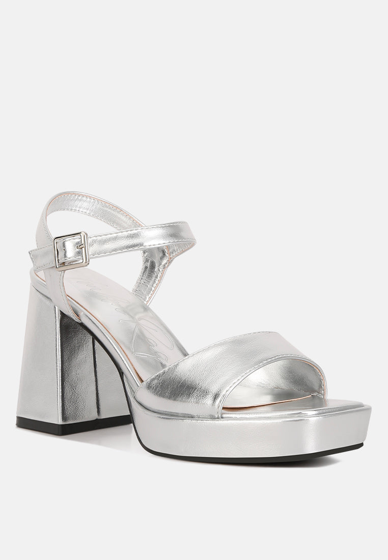 London Rag International metallic block heel sandals featuring a stylish silver finish and comfortable ankle strap