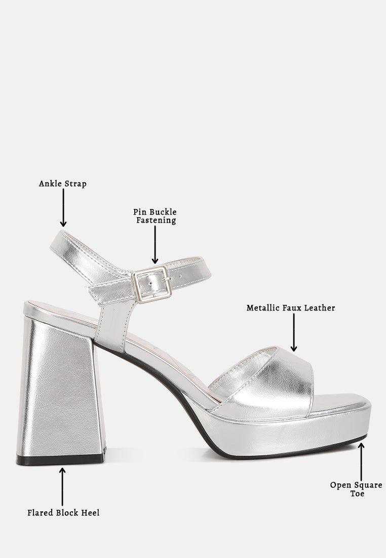 Silver metallic block heel sandals with ankle strap and flared block heel for stylish summer wear