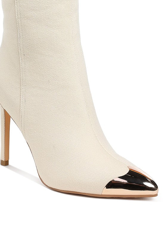Rag Company metallic cap toe denim boots in cream with elegant stiletto heels