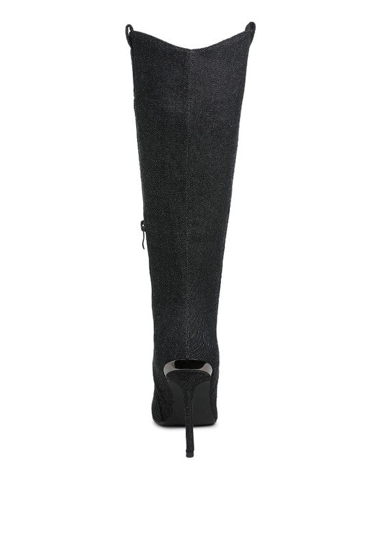 Back view of Rag Company metallic cap toe denim boots with a stylish high heel and sleek design