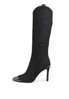 Rag Company metallic cap toe denim boots featuring a sleek design and stiletto heel