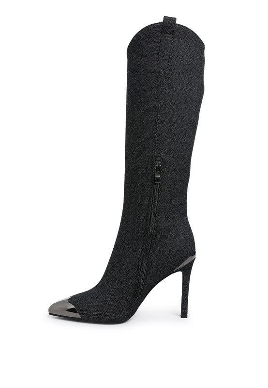Rag Company metallic cap toe denim boots featuring a sleek design and stiletto heel