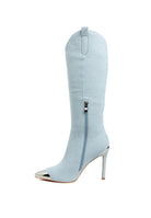 Rag Company metallic cap toe denim boots in light blue with a stylish high heel and zipper detail
