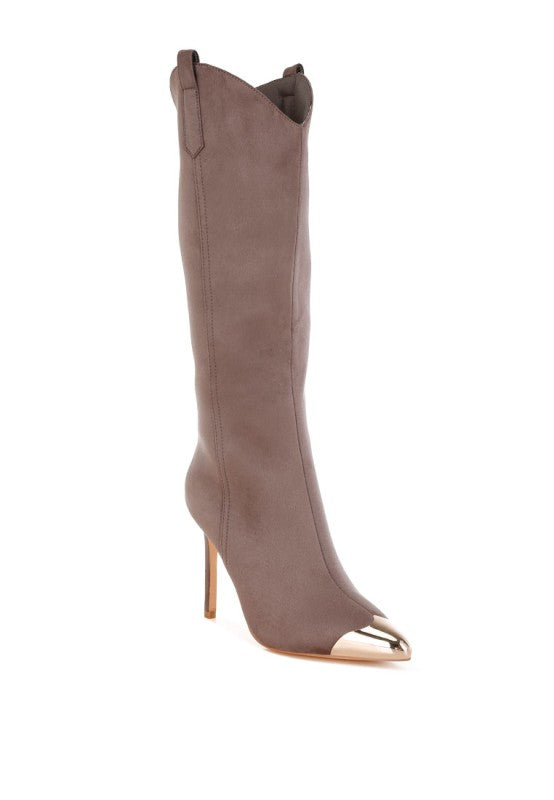 Rag Company metallic cap toe denim boots in gray with a sleek high-heel design