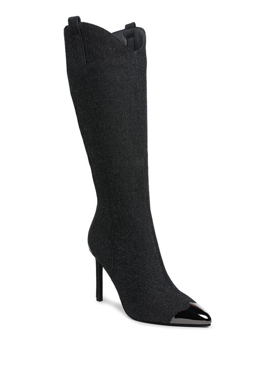 Rag Company metallic cap toe denim boots with stylish high heel for trendy women's footwear