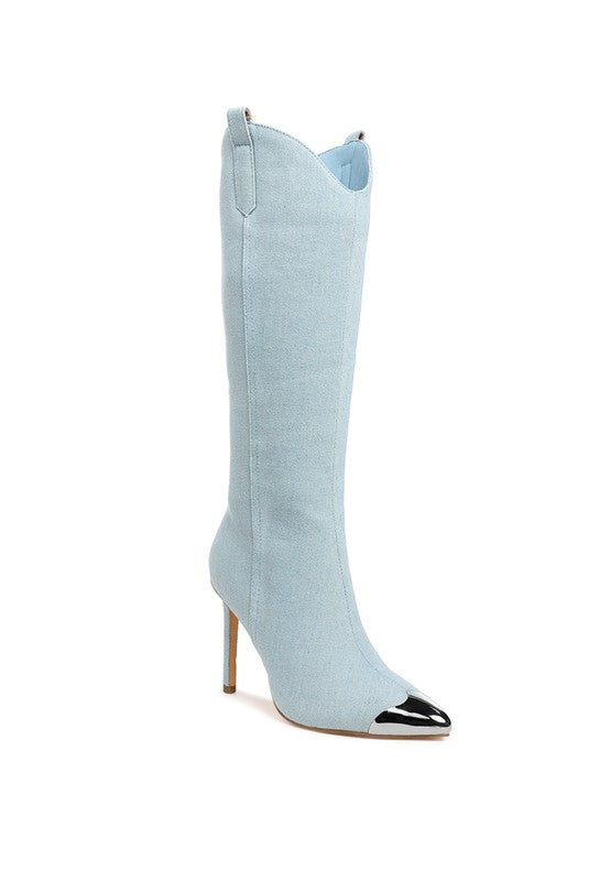 Rag Company metallic cap toe denim boots in light blue with sleek heel and modern design
