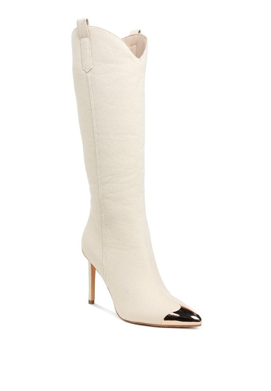 Rag Company women's metallic cap toe denim boots with a sleek silhouette and high heel