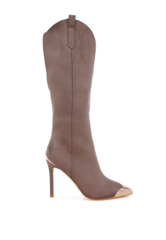 Rag Company metallic cap toe denim boots with a sleek design and high stiletto heel
