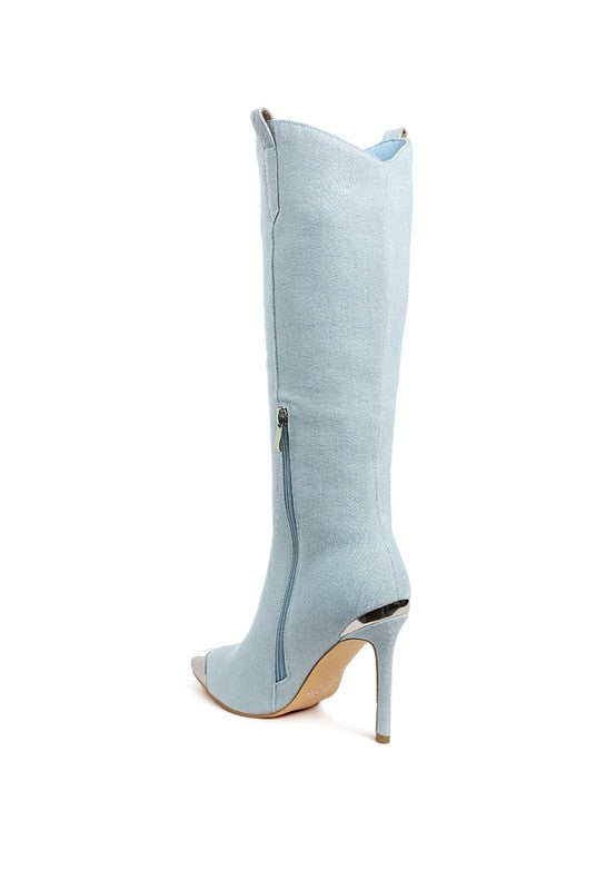 Rag Company metallic cap toe denim boots in light blue with high heel and zipper closure